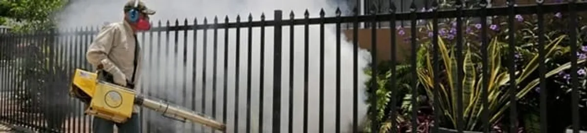 Mosquito control technician fogging a yard perimeter for mosquito reduction in Henderson, NV